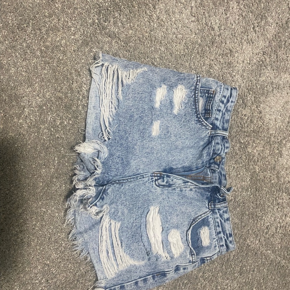 SHEIN Blue Distressed Jean Shorts with Frayed Hem